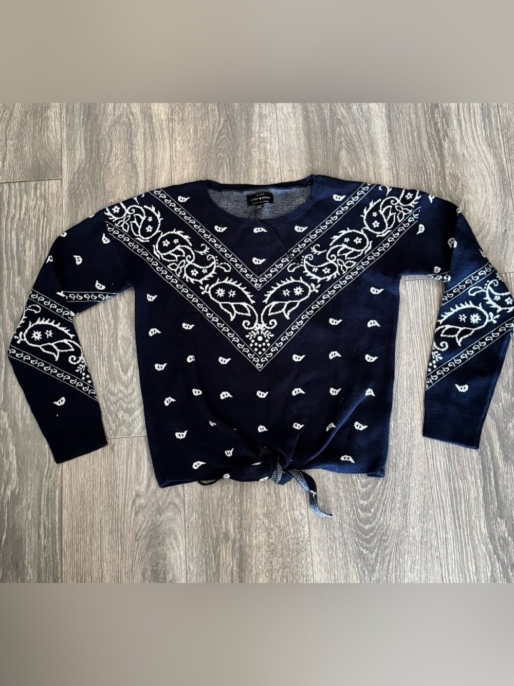 W Sz.XS Lucky Brand Bandana Print Tie-Front Crew Sweater Navy Cotton NWOT